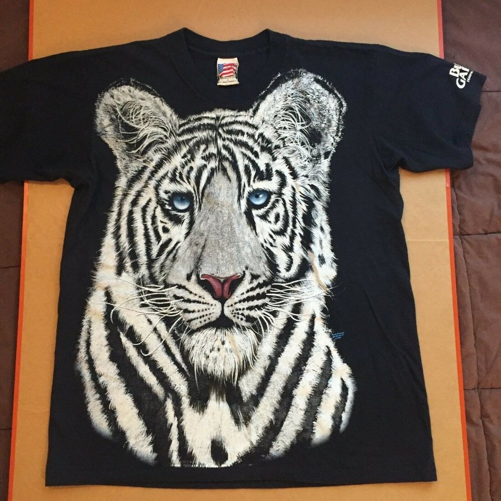 White Tiger shirt big logo aop Busch Gardens Tampa extinction is forever vtg '94